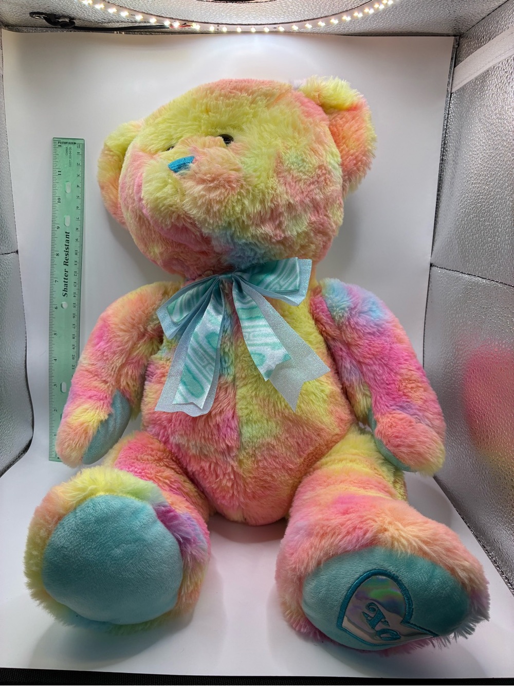 Plush Pastel Tie-Dye Teddy Bear with Blue Bow